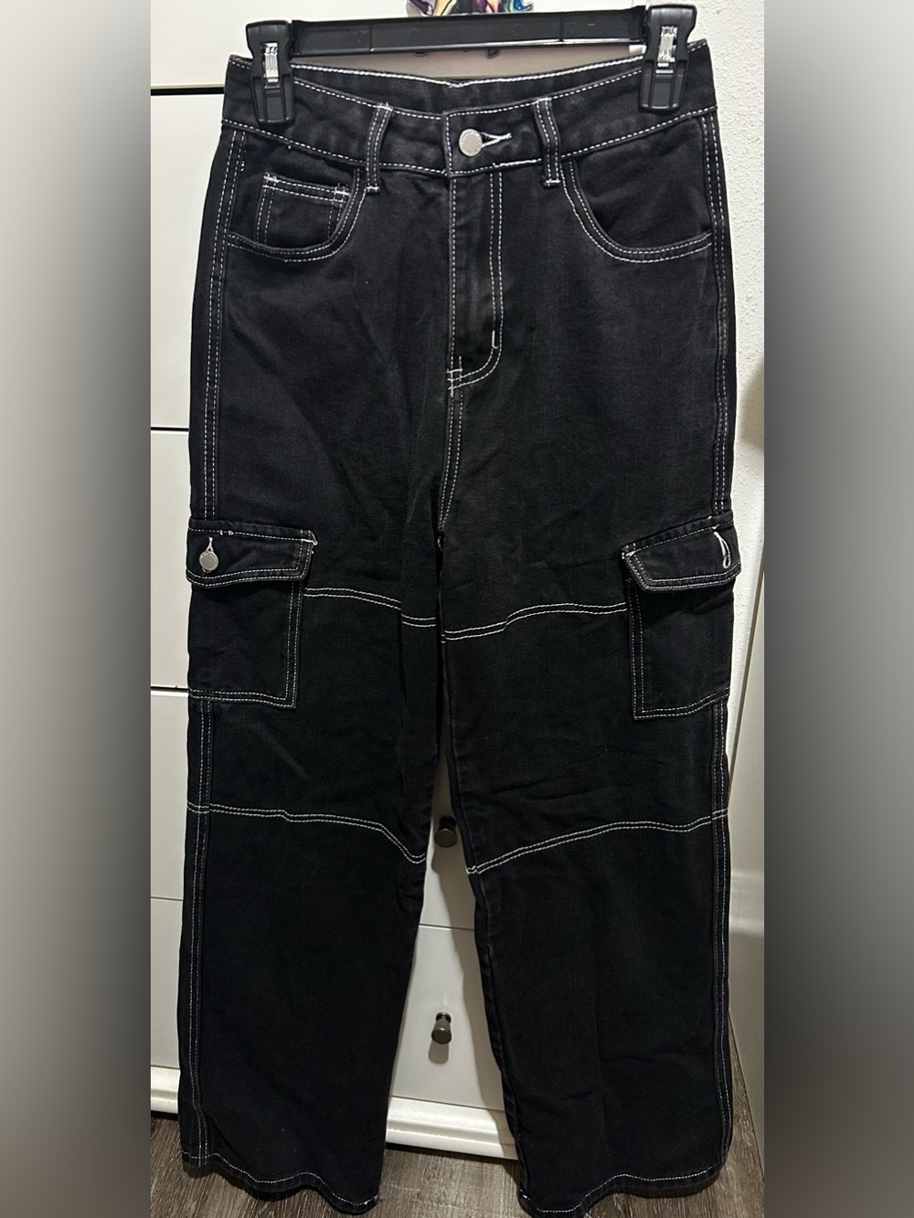 Women’s Black Cargo Pants with White Stitching